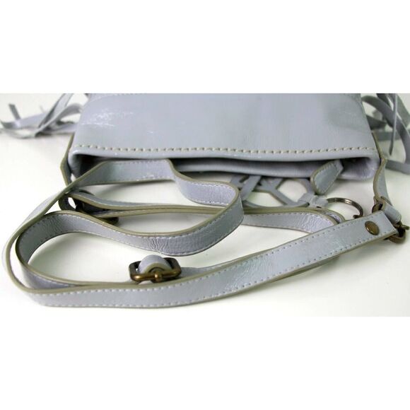 GOGO VOYAGE LIGHT GRAY PATENT GENUINE LEATHER FRINGE SLIM SHOULDER BAG HANDBAG - Picture 3 of 10